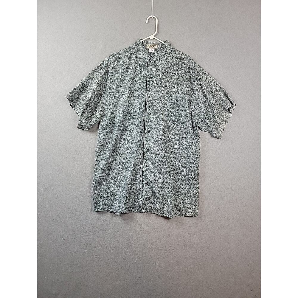 C & C 100% Silk Green Ditsy Floral SS Button Up Camp Shirt Pocket Men's XL